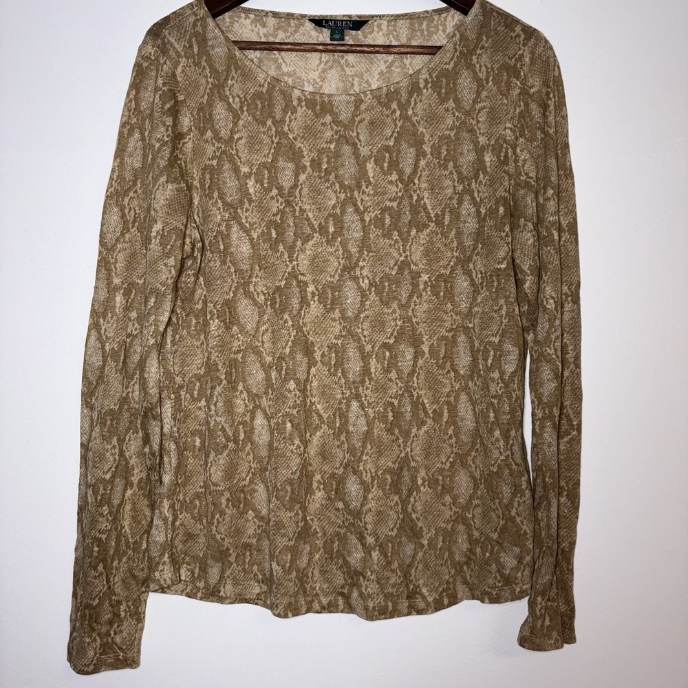 Lauren Ralph Lauren Tan Snakeskin Print Long Sleeve Top Large Linen